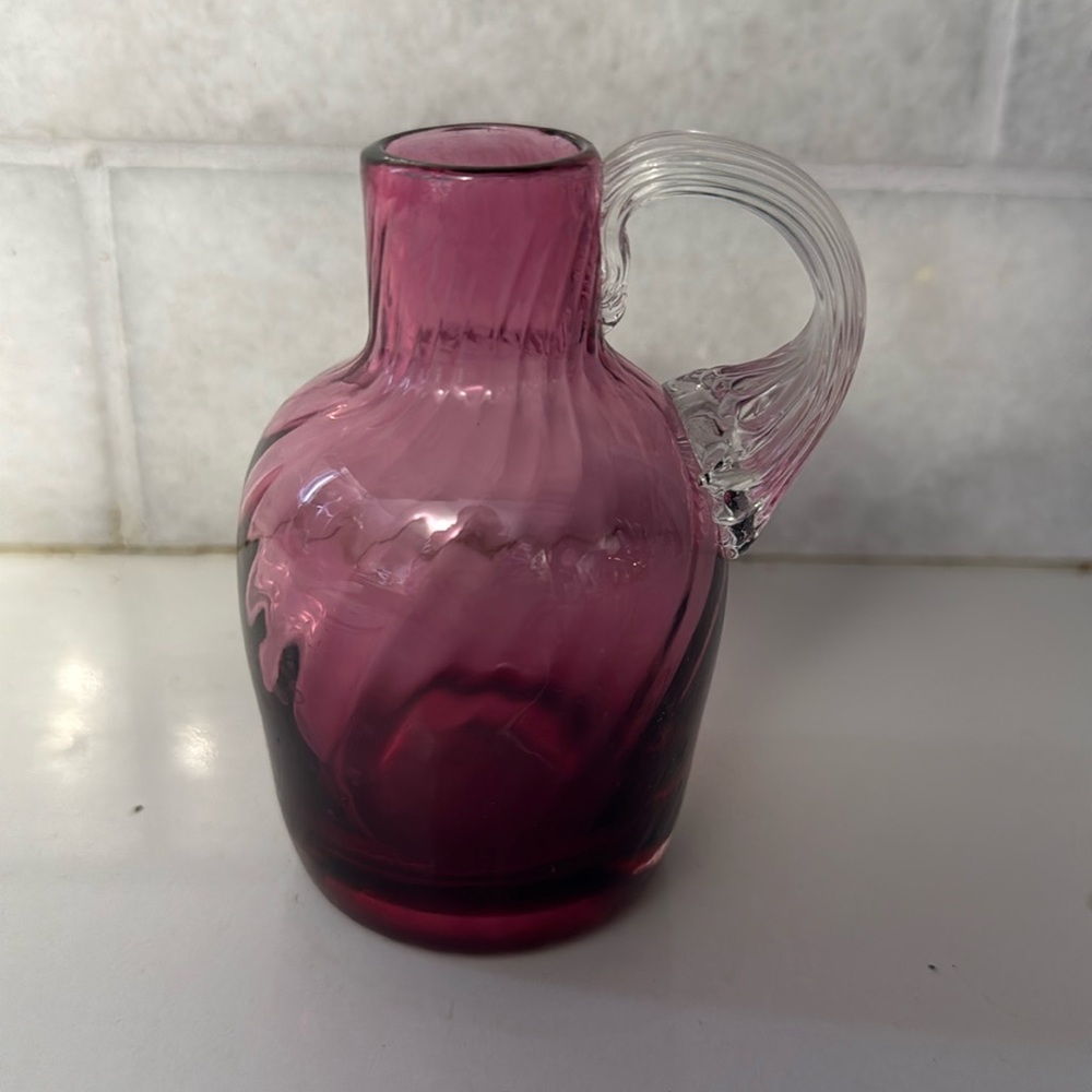 Vintage pilgrim glass bud vase clear handle blown glass cranberry swirl style
